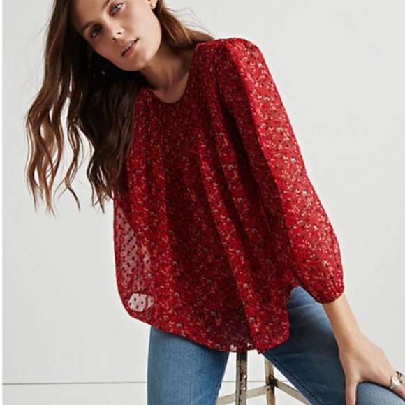 Lucky Brand Tops - Lucky brand Red Floral Sheer Smocked Top Sz Small